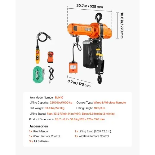 VEVOR Elektrischer Kettenzug 1000 kg, 3 m Hubhöhe, 230 V Einphasen-Brückenkran mit 100 m Funk- & 2,4 m Kabelfernbedienung, Notstopp, 2-in-1 Elektrokettenzug für Fabriken, Lagerhallen, Garagen – Bild 6