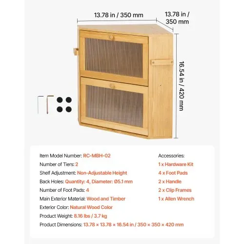 VEVOR Eck-Brotkasten 2 Ebenen Acrylfenster Brotbox 35x35x42 cm Bambusholz Ideal für Bagels, Muffins & Selbstgebackenes Brot, mit Magnetverschluss, Seitenhaken & Belüftungslöchern, Brotkiste Küche – Bild 6