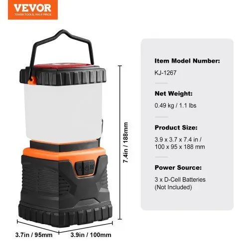 VEVOR LED-Campinglaterne, 1000 lm, 360°-Beleuchtung, 4 Beleuchtungsmodi, batteriebetriebene Campinglampe, Taschenlampe für den Außenbereich, ideal zum Wandern, Angeln, Stromausfälle & Reparaturen – Bild 6