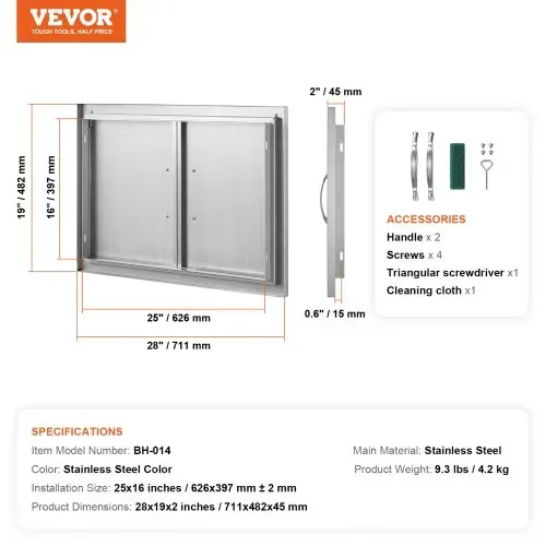 VEVOR Grill-Zugangstür, 711 x 482 mm, Doppelte Außenküchentür, Flächenbündig Montierte Edelstahltür, Vertikale Wandtür mit Griffen, für Grillinsel, Grillstation, Außenschrank – Bild 6