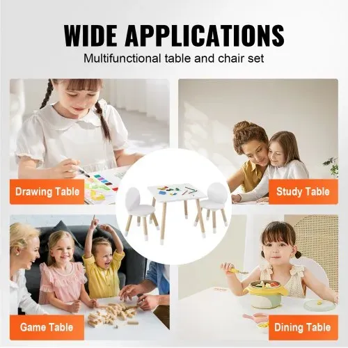 VEVOR Kindersitzgruppe Kindertisch, 2 Kinderstühle 1 Tisch Kindersitzgruppe aus Kiefernholz, Kindertisch-Set Stabile Kindermöbel Sitzmöbel für Kinder, Mädchen, Jungen, Spielzimmer Kindermöbelset Weiß – Bild 5