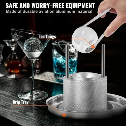 VEVOR Eiswürfelbereiter Eiswürfelformen Satz 60 mm, Eiswürfelform Eiskugelform mit Eiszange & Tropfschale, Alu Strapazierfähige Eiswürfelformen Eiswürfelbehälter Whisky Americano, Saft & Milch Silber – Bild 4