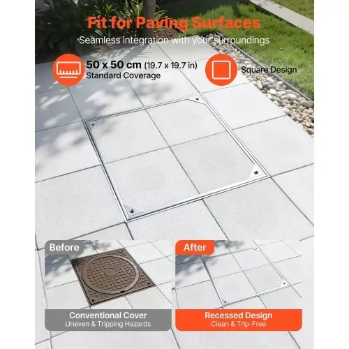 VEVOR Schachtabdeckung mit Rahmen 50 x 50 cm, Unsichtbarer Schachtdeckel Auspflasterbarer Klärgrubendeckel aus Aluminiumlegierung für Integrierten Abflusskanal auf Gehwegen in Gärten auf Terrassen VEVOR Schachtabdeckung mit Rahmen 50 x 50 cm, Unsichtbarer Schachtdeckel Auspflasterbarer Klärgrubendeckel aus Aluminiumlegierung für Integrierten Abflusskanal auf Gehwegen in Gärten auf Terrassen
