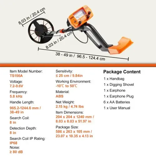 VEVOR Metalldetektor Kit für Erwachsene Multifunktionaler Profi-Detektor mit 2 Modi Metallsuchgerät wasserdichte 20,3cm Spule für Größere Tiefe, mit Schaufel und Tragetasche – Bild 6