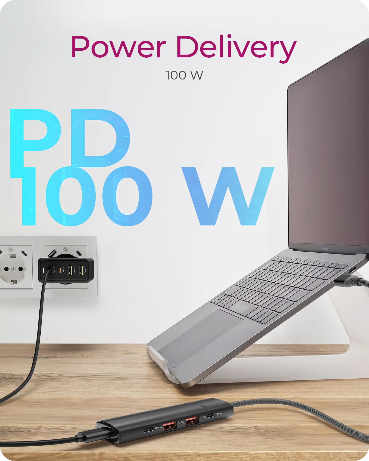 ICY BOX IB-HUB1437-CPD, 4-Port USB 3.2 Gen 2 Hub, 10 Gbit/s, 2x Type-C® + 2x Type-A, 1x USB PD 100 W, 30cm Cable – Bild 4