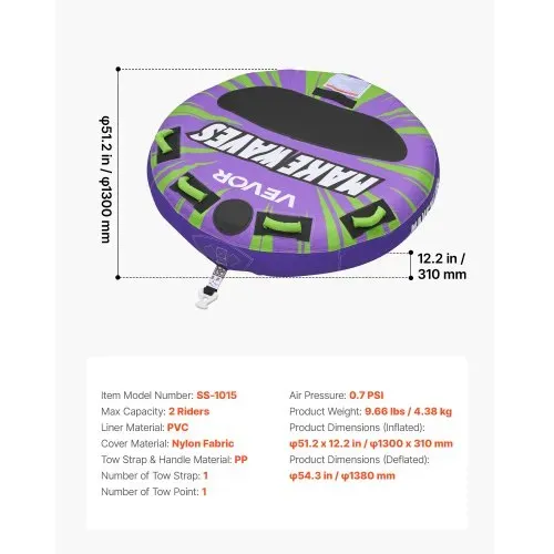 VEVOR Towable Tube für Boote, Wassersport-Schleppreifen für 2 Personen, bis 154 kg Tragfähigkeit, mit Antirutschpolstern, Nylonhülle, Gepolsterten Griffen und Sicherheitsventil, für Seen, Flüsse, Lila – Bild 6