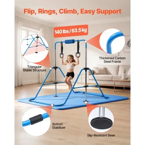 VEVOR Gymnastikstange für Kinder mit 63,5 kg Tragkraft, Klappbares Turnreck mit Matte, Höhenverstellbare Turnstange für Indoor- und Outdoor-Training, Heimtrainingsgerät für Kinderturnen zu Hause, Blau – Bild 2