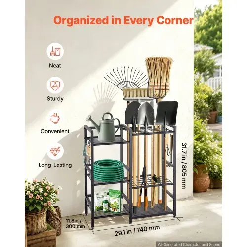 VEVOR Gartengeräte Ständer 740x300x805mm 3-Stöckiger Gerätehalter Schwarz, Aufbewahrungsregal für Garage Schuppen Garten & Outdoor, Organizer aus Stahl mit 3 Ablagefächern 6 Haken & Nivellierfüßen VEVOR Gartengeräte Ständer 740x300x805mm 3-Stöckiger Gerätehalter Schwarz, Aufbewahrungsregal für Garage Schuppen Garten & Outdoor, Organizer aus Stahl mit 3 Ablagefächern 6 Haken & Nivellierfüßen