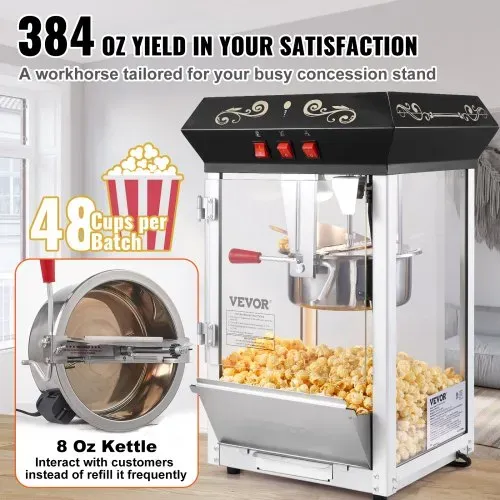 VEVOR Popcornmaschine Popcornautomat Popcorn-Maker, 850 W Popcornmaschine 8 oz Kessel für 48 Tassen pro Ladung, Popcornmaschine für die Arbeitsplatte mit gehärtetem Glas, inklusive 4 Schaufeln – Bild 2