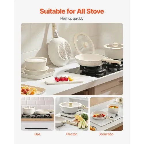 VEVOR Induktion Töpfe Pfannen Set (17-teilig) mit Glasdeckel antihaftbeschichtetes Kochgeschirr mit abnehmbarem Griff, Induktionskochtöpfe zum Braten, Würzen von Soßen und Kochen (Weiß) – Bild 5