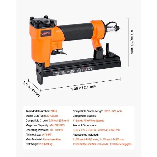 VEVOR Druckluftnagler, Drucklufttacker für Feindrahtklammern der Serie 71, 9,1 mm Krone, 4–16 mm Länge, 70–110 PSI, Druckluft Nagelpistole für Holzarbeiten, Polsterarbeiten, Heimwerkerprojekte – Bild 6