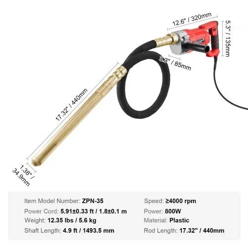 VEVOR Hand-Betonrüttler, 800 W elektrischer Rüttler 4000 U/min, elektrisches Betonrüttlerwerkzeug mit 1,5 m Schaftstange, tragbarer Bleistift-Zementrüttler zum Entfernen von Luftblasen und Mischen von Beton – Bild 6