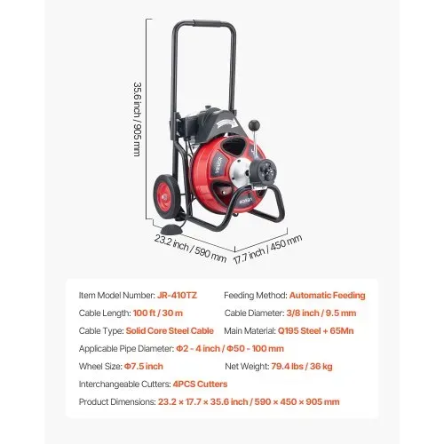 VEVOR Rohrreinigungsmaschine mit Automatischem Vorschub, 30m x 9,5mm Rohrreinigungsspirale mit Rollen, Elektr. Abflussreiniger für 5-10cm Rohre, Rohrreinigungsgerät für Abflüsse Toilette Waschbecken – Bild 6