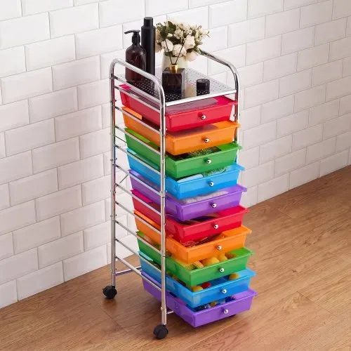 VEVOR Rollwagen mit 10 Schubladen Mobiler Rollcontainer 395x335x990mm Bunt, Metallgestell, Ablagefläche, Handgriffe, Lenkrolle mit 2 Bremsen, Aufbewahrungswagen für Büro Werkstatt Bastelzimmer Garage – Bild 7