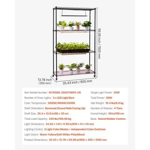VEVOR Pflanzenregal mit Wachstumslicht 90x35x150 cm, 4-stufiger Pflanzenständer, Pflanzenregal mit Rädern, 90 W 3-farbige Vollspektrum-Lichter, Blumenregal aus Metall für Samenkeimung – Bild 6