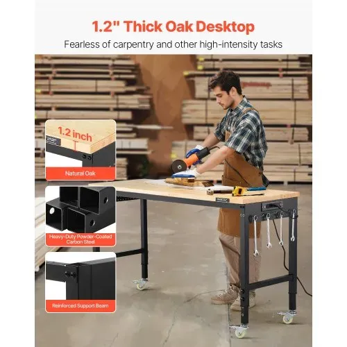 VEVOR Werkbank 1524x559x711-1030mm, 907 kg Tragkraft, Werktisch mit Steckdose, Rädern und Stecktafel, robuster Arbeitstisch mit Eichenholzplatte für Garage, Werkstatt, Büro und Zuhause – Bild 3