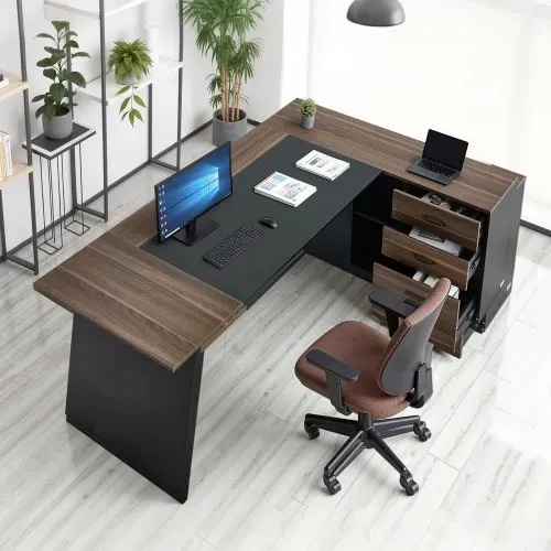 VEVOR L-förmiger Chefschreibtisch moderner Bürotisch mit Schubladen & Lagerschrank, robuster Schreibtisch aus Holz, 158,7 kg Tragkraft, Computertisch für Arbeit Studium Schreiben, Braun+Schwarz – Bild 7
