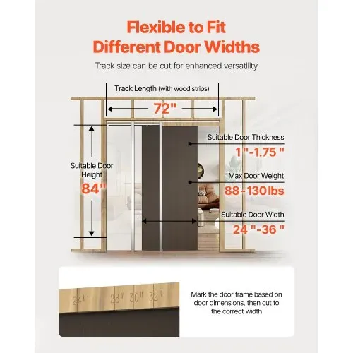 VEVOR Schiebetürrahmen-Set für 610– 914 mm breite & 2134 mm hohe Türen, Schiebetür-Set aus verzinkter Stahl mit Zwei-Wege-Soft-Close-Mechanismus & sanftem Gleiten, für Wohnzimmer, Badezimmer – Bild 5