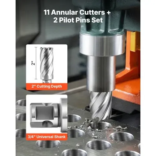 VEVOR HSS-Kernbohrer Weldon-Schaft 13-tlg. Magnetbohrer 11,11–26,98 mm Schnittdurchmesser, 11 Bohrer mit 2 Zentrierstiften, 50,8 mm Schnitttiefe, Kunststoffkoffer, für Magnetbohrmaschinen, Stahl – Bild 2