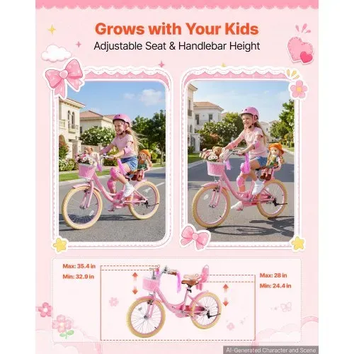 VEVOR Kinderfahrrad 20 Zoll Straßenfahrrad für 7-13 Jahre mit Ständer Rosa, Kinderrad aus Kohlenstoffstahl für Mädchen, Prinzessin-Stil, Doppelbremsen, Sattel & Lenker Verstellbar, mit Puppensitz Korb – Bild 4