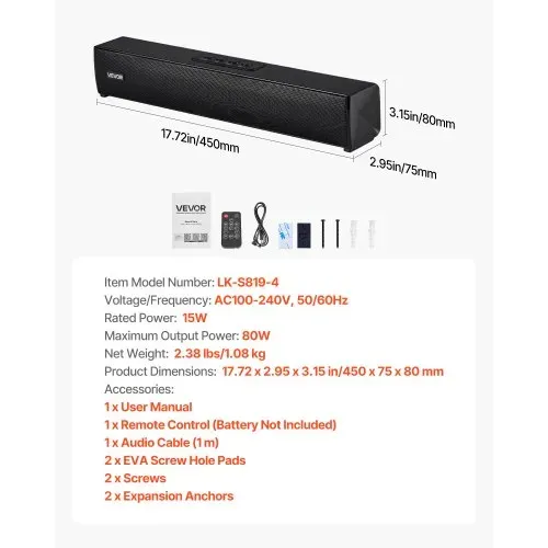 VEVOR Soundbar für Smart TV, 2.0-Kanal, 450 mm kompakte TV-Lautsprecher für Projektor, Bluetooth-AUX-Anschluss, Fernbedienung, 80-W-Surround-Soundsystem für PC-Heimkino-Audio – Bild 6
