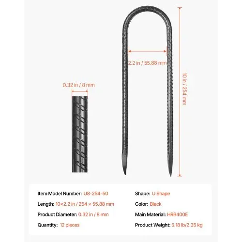 VEVOR Bodenanker, 254x55,88 mm, U-Typ mit 8 mm Durchmesser, verzinkte Zeltheringe, Erdanker, Erdnägel, Heringe, für Zelten, Vordächern, Camping, Trampolin, Blumenständer (12er-Pack) – Bild 6