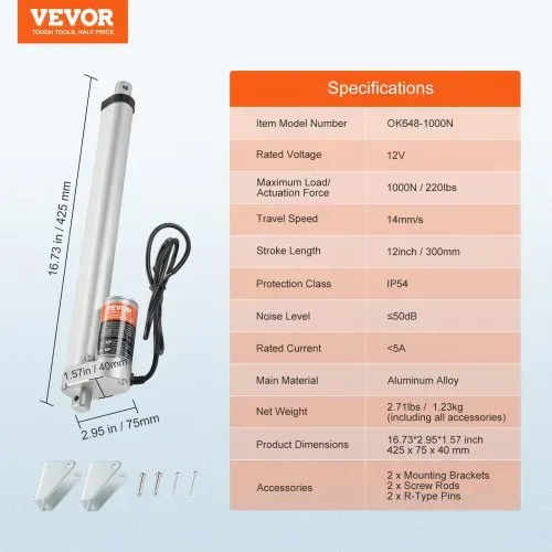 VEVOR 1000N Linear Actuator DC 12V Linearantrieb IP54 Elektrischer Linearmotor 300mm Hublänge Geräuschpegel ≤50dB Elektrische Türöffner 14mm/s Fahrgeschwindigkeit Lineartechnik Verstellantrieb – Bild 6
