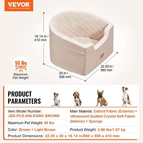 VEVOR Hundeautositz Hundesitzerhöhung fürs Auto mit Aufbewahrungstasche, ansteckbarer Sicherheitsleine und Schwammfüllung, Hundeautobett für kleine und mittelgroße Hunde bis 25 kg, braun – Bild 6