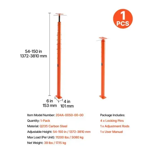 VEVOR Wagenheber fürs Haus, Höhenbereich von 137–381 cm, maximale Tragkraft 5000 kg, verstellbarer Stützbalken, Kellerheber, Pfostenstange zum Nivellieren, Hebestütze, Teleskop-Stahlheber für vorübergehende Unterstützung – Bild 6