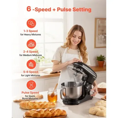 VEVOR KüchenmaschineTeigmixer 1400 W 5,68 L Küchenmaschine mit kippbarem Kopf Edelstahlschüssel Knethaken Schneebesen Schaber, Haushalts-Küchenmaschine zum Backen und Mixen, schwarz – Bild 3