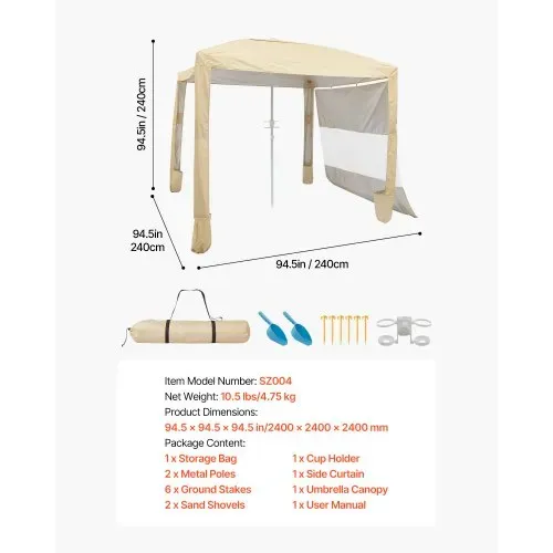 VEVOR Strand-Cabana, 2,4 x 2,4 m Strandüberdachung mit Seitenwand, UPF 50+ Sonnenschutz, Strandpavillon mit Sandsäcken, höhenverstellbarer & tragbarer Sonnenschutz für Familie und Freunde, Khaki – Bild 6