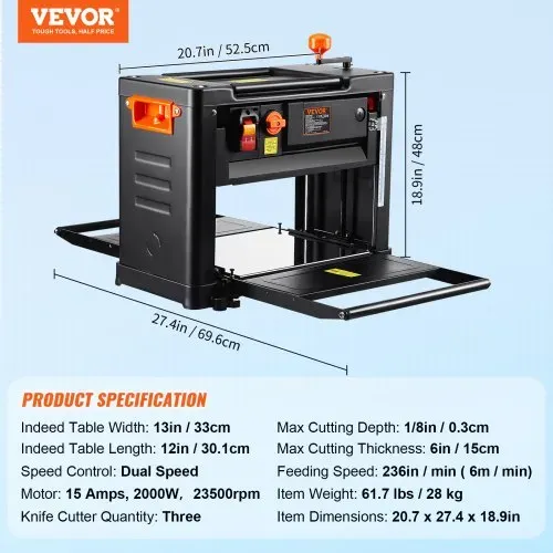 VEVOR Dickenhobelmaschine 2000W Leistung Dickenhobel 3 Hobelmesser Hobelmaschine 23500U/min Hobelbreite 33cm Max. Schnittstärken 15cm Tischhobelmaschine 52,5x69,6x48cm Ideal zur Holzbearbeitung – Bild 6