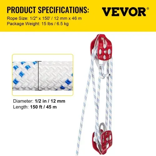 VEVOR Twin Sheave Block and Tackle 3492,66kg Pulley 457,2cm 1,27cm Double Braid Rope – Bild 6