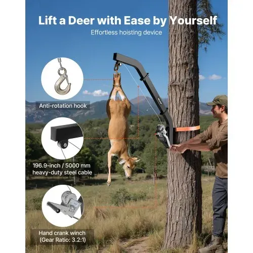 VEVOR Game Hoist zur Baummontage, Tragkraft 160 kg, Wildhebezeug mit Ratschengurt, Hochleistungs-Hirschaufhänger zum Häuten, Säubern, Aufhängen von Wildtieren, 1200 x 310 x 130 mm, Schwarz – Bild 2