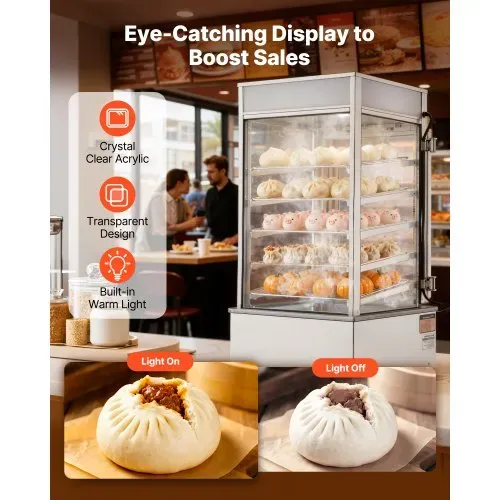 VEVOR 5-stufiger Gewerblicher Speisenwämer 120 L 30 bis 110 ℃, 1200 W Brötchendämpfer LED-Beleuchtung & Verstellbaren Ablagen & Edelstahlrahmen, Warmhaltevitrine für Hamburger Mantou Brot – Bild 3