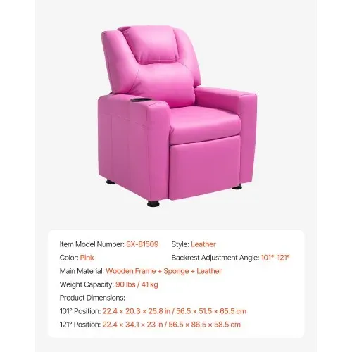 VEVOR Liegestuhl Kindersessel mit Getränkehaltern, 101° bis 121° verstellbare Rückenlehne, Liegecouch aus PU-Leder mit Fußstütze, für Jungen Mädchen Kinder (Rosa) 41 kg belastbarer Relaxsessel – Bild 6