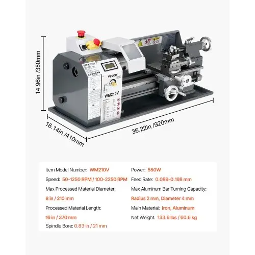 VEVOR Metalldrehmaschine, 21x37 cm, 550 W, 0-2500 U/min Variable Geschwindigkeit, Tischdrehmaschine, für die Bearbeitung von Präzisionsteilen, Imperial-Metrisch-Gewinde, Weichmetalle, Kunststoffe – Bild 6
