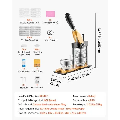 VEVOR Buttonmaschine 58 mm Knopfmachermaschine Badgemaker Buttonpresse, mit 100 Buttonrohlingen Kreisschneider & Zauberbuch Ergonomischem Griff für DIY-Anstecker Pins & Schlüsselanhänger – Bild 6