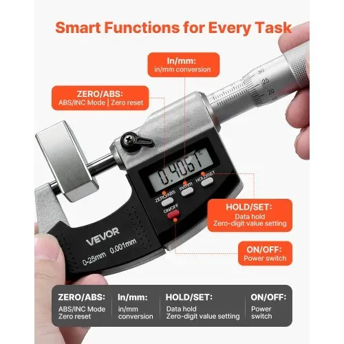 VEVOR Mikrometer, Digitale Bügelmessschraube, Messbereich 0–25,4 mm, Auflösung 0,001 mm, Höchste Präzision 0,003 mm Genauigkeit, LCD-Display, Zoll/mm-Umschaltung, Hartmetallspitze, mit Koffer – Bild 3
