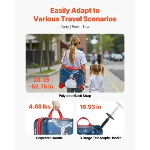 VEVOR Handgepäck Kinderkoffer, 26 L Fassungsvermögen, Hartschalenkoffer mit Rollen zum Draufsitzen, verstellbarer Schultergurt, Kinderreisetasche für Kinder ab 3 Jahren, Blau und Weiß – Bild 5