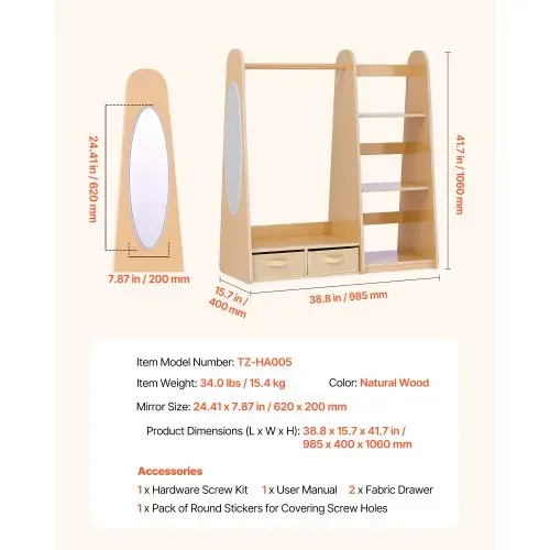 VEVOR Kinderkleiderschrank 98,5x40x106 cm, Kindergarderobe mit Spiegel Kleiderstange Ablagen, Verkleidungsschrank mit 2 Stoffschubladen für Mädchen, Kinderschrank für Kostüme Schlafzimmer, Naturholz – Bild 6