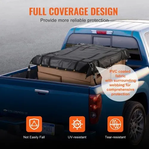 VEVOR Frachtnetz, 183 x 145 cm, LKW-Ladungsnetz für die Ladefläche, 4 verstellbare Gurte mit Karabinern und gummibeschichteten Haken, langlebig, geeignet für Pickup, Jeep, LKW, SUV, Boot (schwarz) – Bild 3