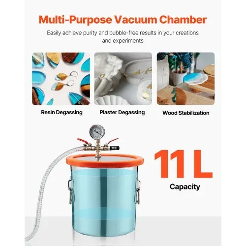 VEVOR 11,36 L Vakuumkammer mit Pumpe, 99 L/min, Edelstahl, Entgasungskammer-Kit, einstufig, Deckel aus gehärtetem Glas, 1,5 m Schlauch, zur Stabilisierung von Holzentgasungs-Silikonharz – Bild 4