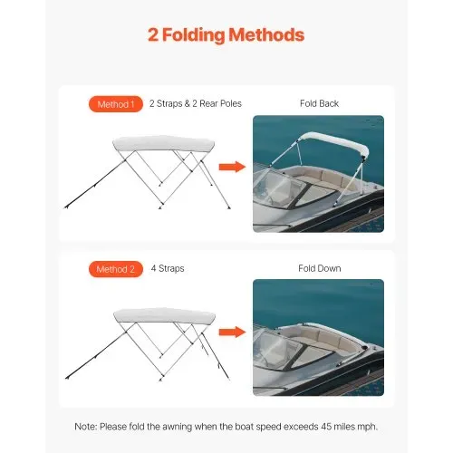 VEVOR Bimini Top Bootsabdeckung Sonnenverdeck (3 Bögen) aus 600D Polyester mit Rahmen aus Aluminiumlegierung, wasserdichte Sonnenschutz-Bootsmarkise mit Aufbewahrungstasche, 137-152 cm (B) Hellgrau – Bild 3