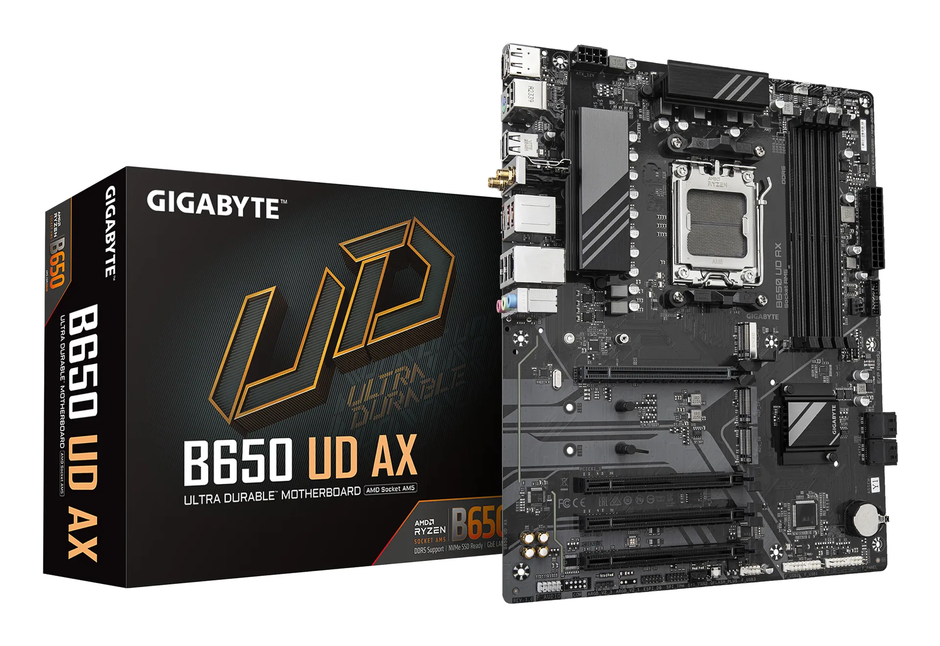 GIGABYTE B650 UD AX Motherboard – Unterstützt AMD Ryzen 9000 Serie CPUs, 6+2+2 Phasen VRM, bis zu 7600MHz DDR5 (OC), 1x PCIe 5.0 + 2x PCIe 4.0 M.2, GbE LAN, Wi-Fi 6, USB 3.2 Gen 2 GIGABYTE B650 UD AX Motherboard – Unterstützt AMD Ryzen 9000 Serie CPUs, 6+2+2 Phasen VRM, bis zu 7600MHz DDR5 (OC), 1x PCIe 5.0 + 2x PCIe 4.0 M.2, GbE LAN, Wi-Fi 6, USB 3.2 Gen 2