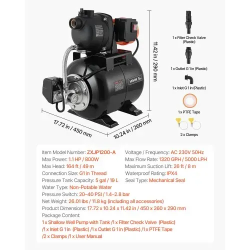 VEVOR Hauswasserwerk 800 W, 5000 L/h Jetpumpe mit 19 L Druckbehälter, 49 m Förderhöhe, inkl. Automatischem Wasserfördersystem & Kunststoffpumpenkopf, zur Gartenbewässerung & Hauswasserversorgung – Bild 6