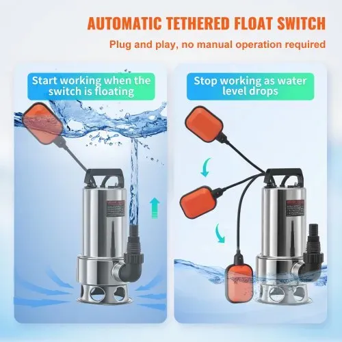 VEVOR Tauchwasserpumpe, 1300 W, 20000 l/h, mit 10 m Kabel und automatischem Schwimmerschalter, Edelstahl und Gusseisen für schmutzige oder saubere, leere Gartenteiche, Schwimmbäder, Whirlpools – Bild 4