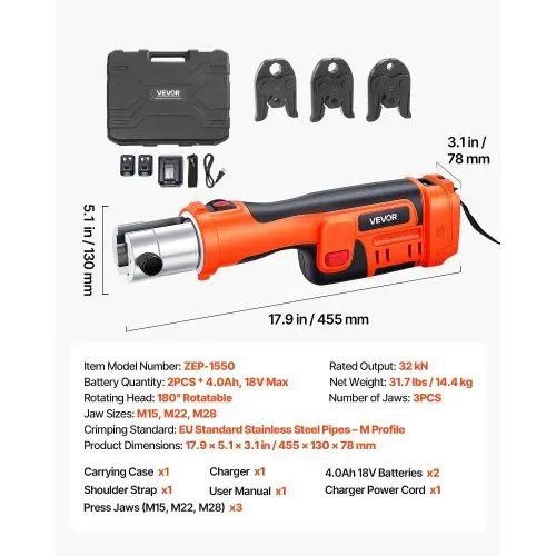 VEVOR 18V Akku Presszangen Set, 32kN Pressmaschine inkl. 3 Pressbacken M15 M22 M28 & 180° Drehbarem Kopf, Elektr. Presswerkzeug mit 4,0 Ah Baterrien für Edelstahlrohr bis 54mm, 40 HRC für Hochleistung – Bild 6