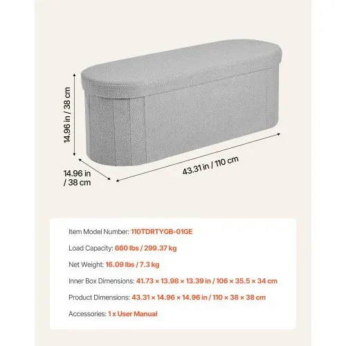 VEVOR faltbare Ottomane mit Stauraum (oval) Fußbank, klappbarer gepolsterter Sitzhocker bis 299,37 kg belastbar, 11 x 38 x 38 cm, Ottomanentruhe für Wohnzimmer Schlafzimmer, Eingangsbereich, Grau – Bild 6