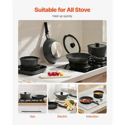 VEVOR Induktion Töpfe Pfannen Set (17-teilig) mit Glasdeckel antihaftbeschichtetes Kochgeschirr mit abnehmbarem Griff, Induktionskochtöpfe zum Braten, Würzen von Soßen und Kochen (Schwarz) – Bild 5